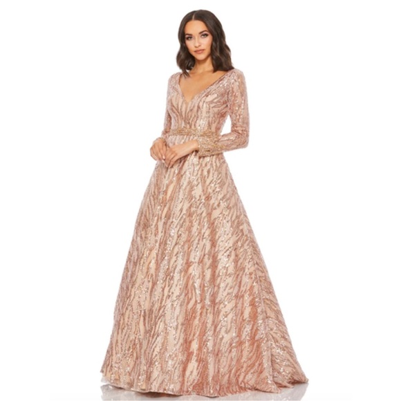 MAC DUGGAL Champagne Sequin Embellished Long Sleeve Evening Gown - Reemoly